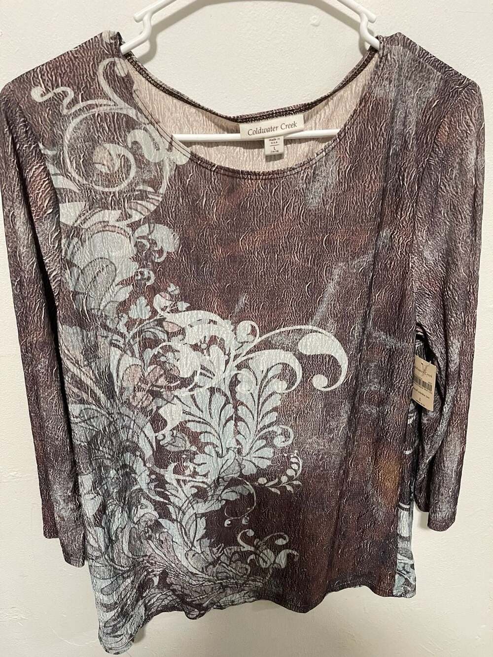 Coldwater Creek Scroll Crinkle Tee Size L Brown Floral Print